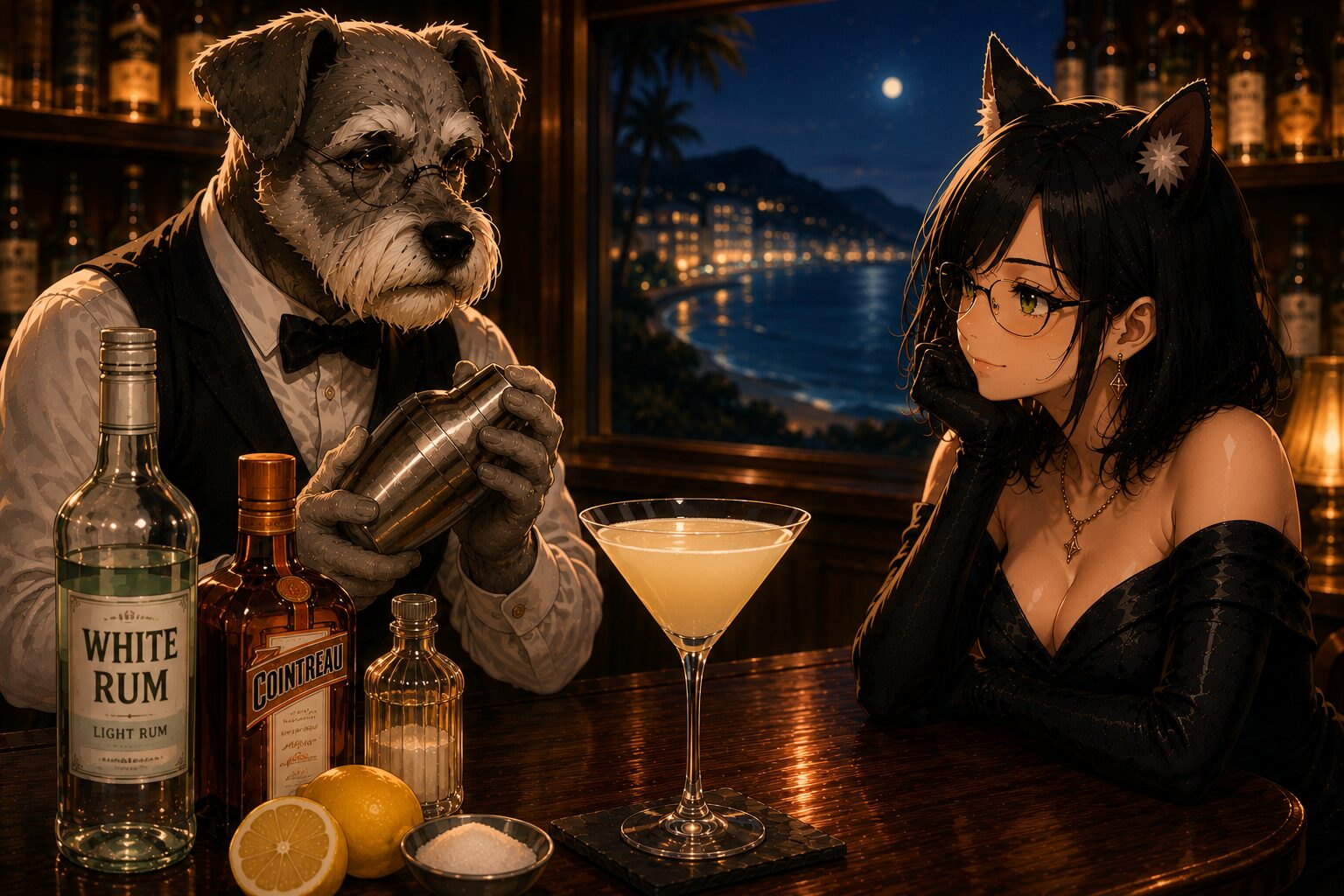 Bar Kのカウンターでケンゾーがアカプルコをシェークし、ルナが見守る紹介イメージ。ホワイト・ラムとコアントローのボトル、レモンと砂糖、アカプルコの夜景