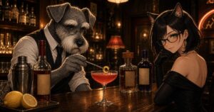 レトロな夜のBar Kで犬のバーテンダー・ケンゾーが赤みのある甘いアラバマ・スラマーを仕上げ、猫の常連客ルナが見守るSNS用紹介イメージ。3本のリキュールボトルとレモン