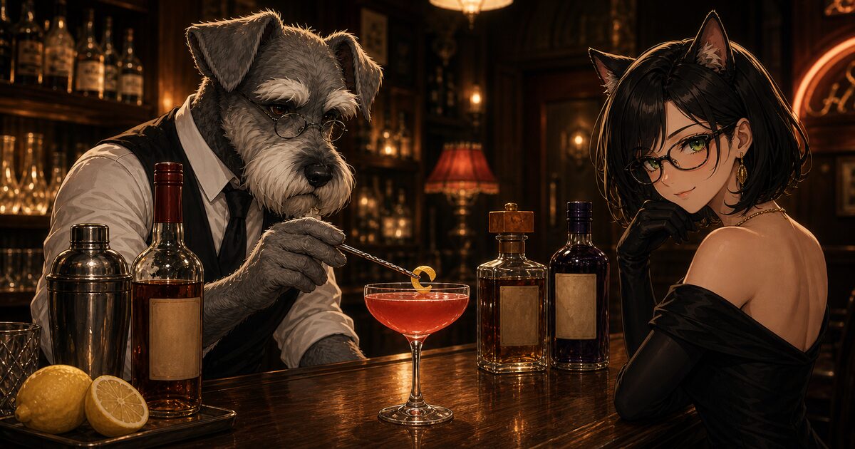 レトロな夜のBar Kで犬のバーテンダー・ケンゾーが赤みのある甘いアラバマ・スラマーを仕上げ、猫の常連客ルナが見守るSNS用紹介イメージ。3本のリキュールボトルとレモン