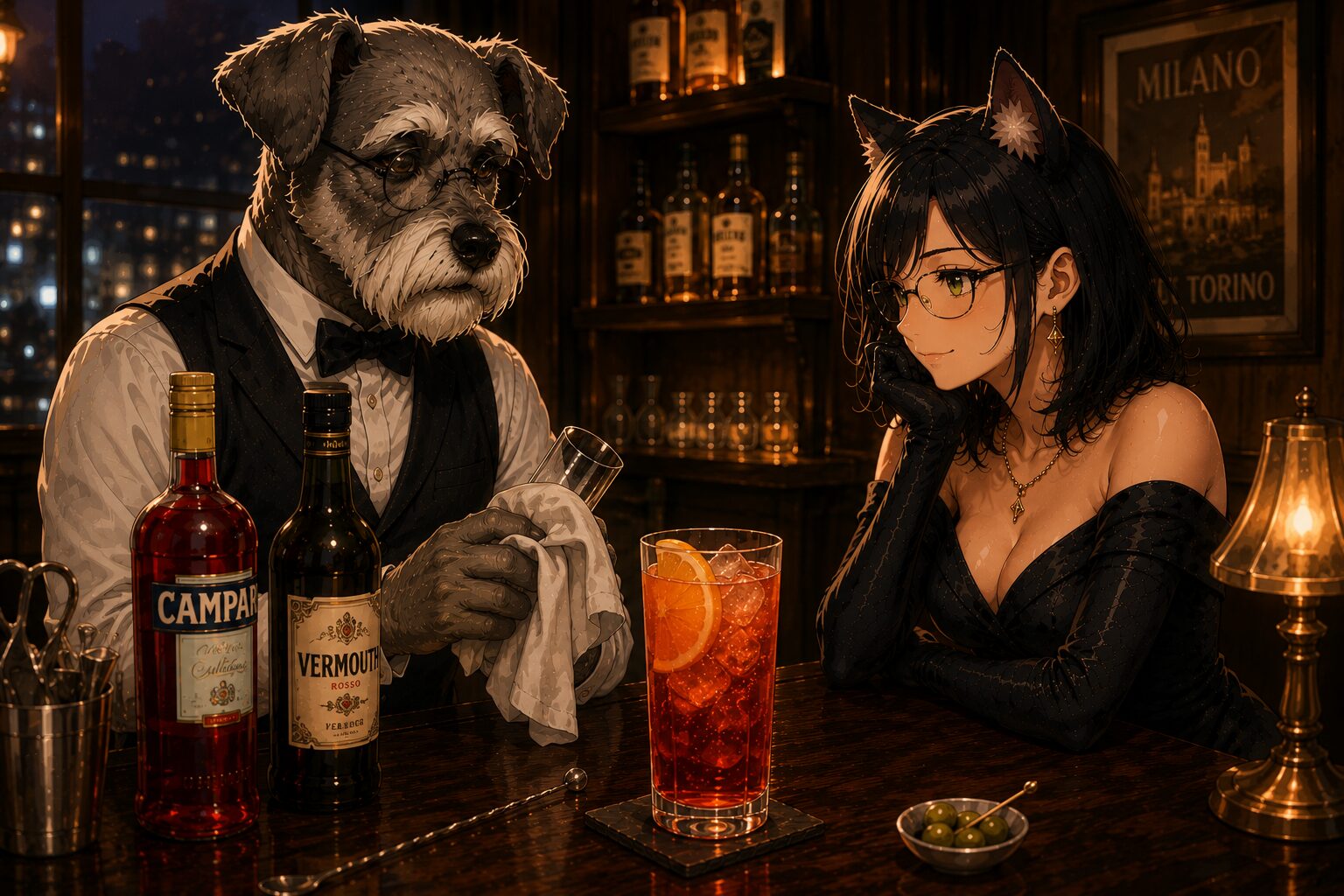 Bar Kのカウンターでケンゾーとルナが並ぶアメリカーノの紹介イメージ。カンパリとスイート・ベルモットのボトルと、氷を入れたタンブラーに注がれた赤いアメリカーノ