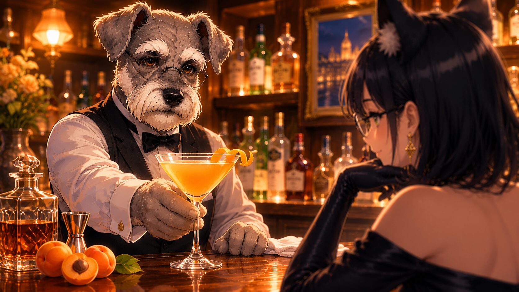 Bar Kのカウンターでケンゾーが杏色のアプリコット・カクテルを差し出し、ルナが見守る紹介イメージ。アプリコット・ブランデーのボトル、オレンジとレモン