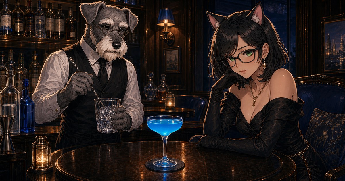 Bar Kのカウンターで、犬のバーテンダー・ケンゾーが鮮やかな青いブルー・マンデーを置き、猫の常連客ルナが見つめる夜のイメージ。深い藍色の落ち着いた空気