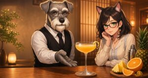 ケンゾーと淡色の上品な服のルナが見守る、オレンジ・パイナップル・レモンを添えたノンアルコールカクテル、シンデレラ