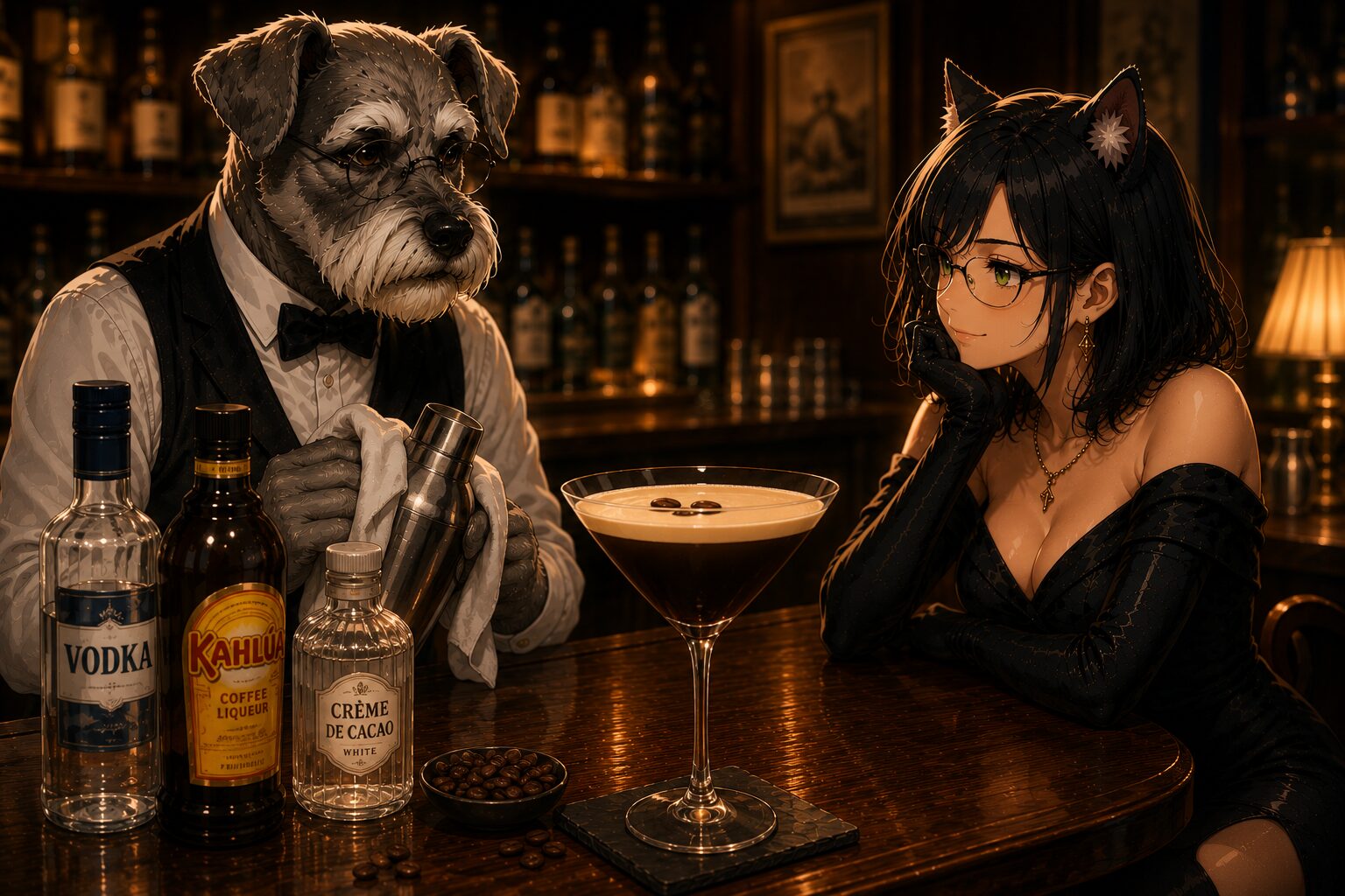 Bar Kのカウンターでケンゾーとルナが並ぶエスプレッソ・マティーニの紹介イメージ。ウォッカ・カルーア・クレーム ド カカオのボトルとエスプレッソ・マティーニのグラス