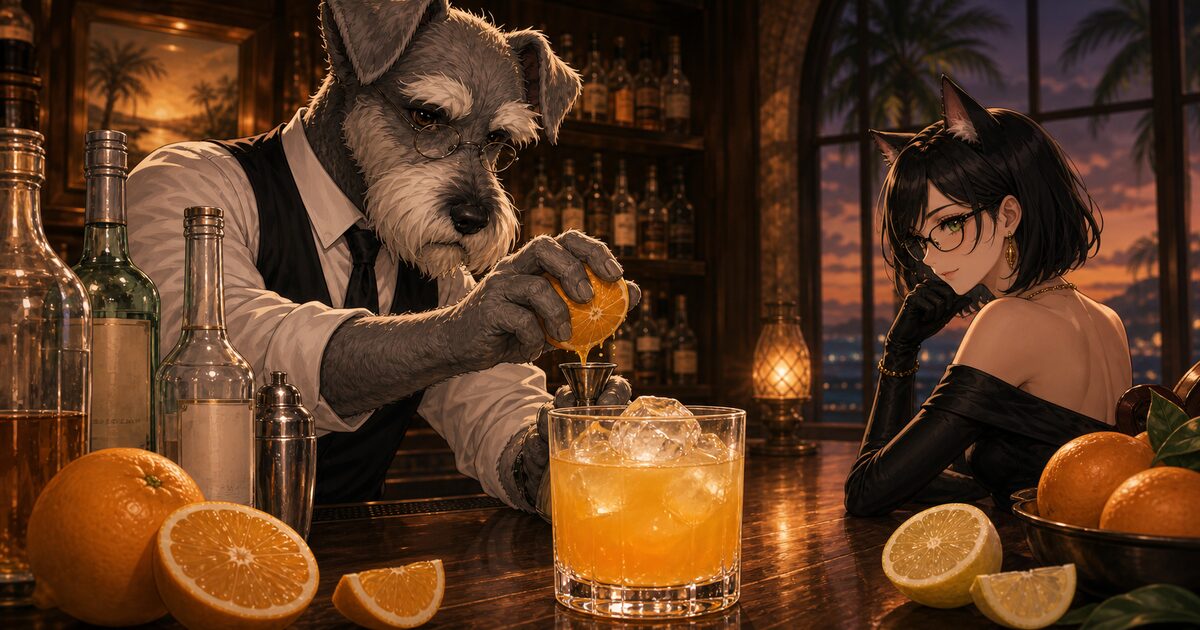 Bar Kのカウンターで犬のバーテンダー・ケンゾーがオレンジを搾り、氷入りロックグラスの明るいオレンジ色のフロリダを猫の常連客ルナが見守るSNS用紹介イメージ