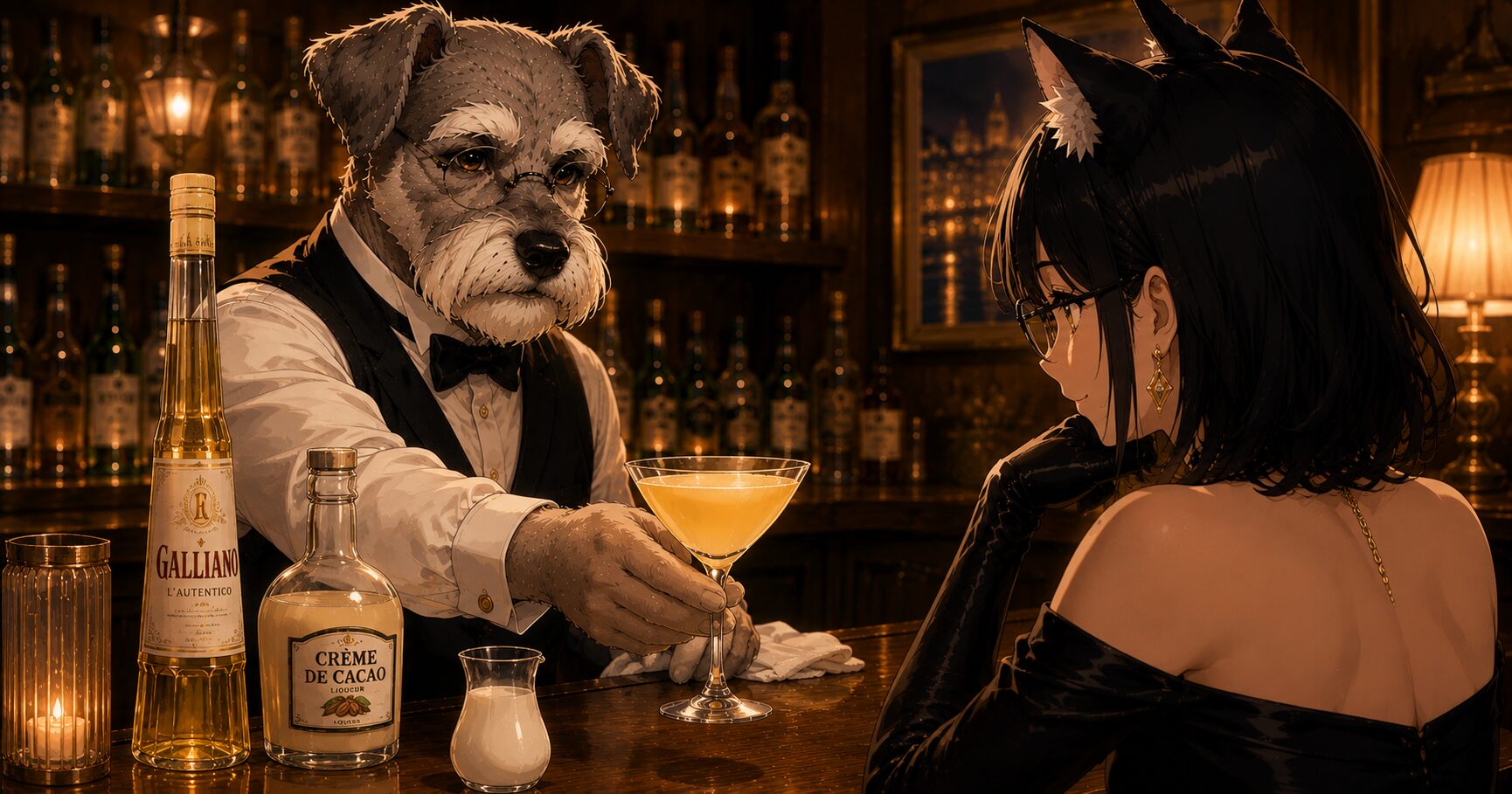 Bar Kのカウンターで犬のバーテンダー・ケンゾーが黄金色のゴールデン・キャデラックを差し出し、猫の常連客ルナが見守る紹介イメージ。ガリアーノとクレーム・ド・カカオのボトル、生クリーム
