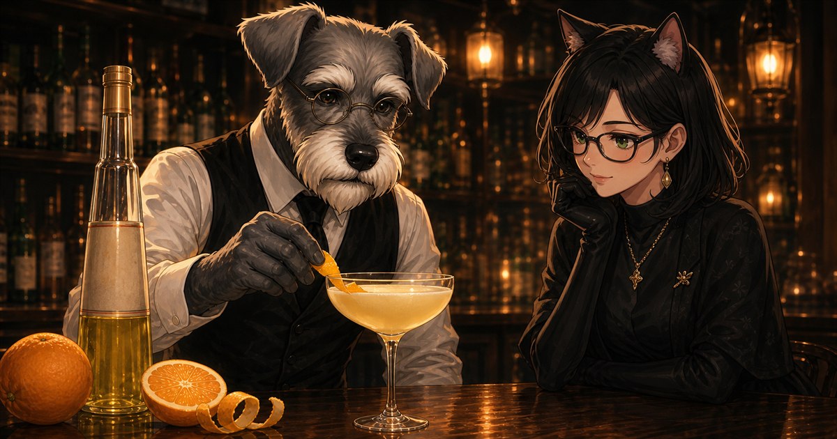 Bar Kのカウンターで、犬のバーテンダー・ケンゾーが淡い黄金色のゴールデン・ドリームを用意し、猫の常連客ルナが見守る夜のイメージ。背の高いガリアーノのボトルとオレンジ