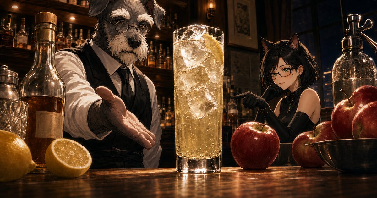 Bar Kのカウンターで犬のバーテンダー・ケンゾーが氷と炭酸のきらめく背高グラスのハーバード・クーラーを差し出し、猫の常連客ルナがリンゴを示すSNS用紹介イメージ