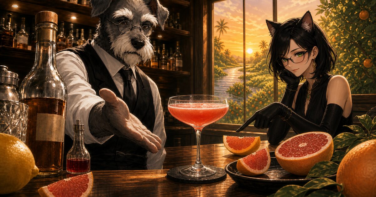 夕暮れの川辺と柑橘畑を望むBar Kで、犬のバーテンダー・ケンゾーが淡い赤橙色のインディアン・リバーを置き、猫の常連客ルナがグレープフルーツを示すSNS用紹介イメージ