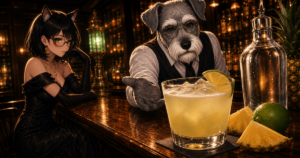 Bar Kのカウンターでマタドールを囲むケンゾーとルナ