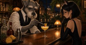 ハバナの夜を思わせるBar Kのカウンターで、犬のバーテンダー・ケンゾーがパイナップルを添えたナショナルを仕上げ、猫の常連客ルナが見守るSNS用紹介イメージ