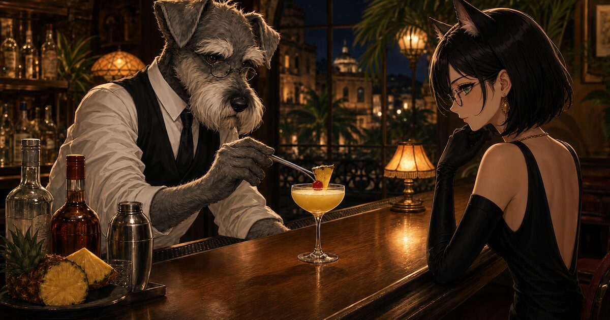 ハバナの夜を思わせるBar Kのカウンターで、犬のバーテンダー・ケンゾーがパイナップルを添えたナショナルを仕上げ、猫の常連客ルナが見守るSNS用紹介イメージ