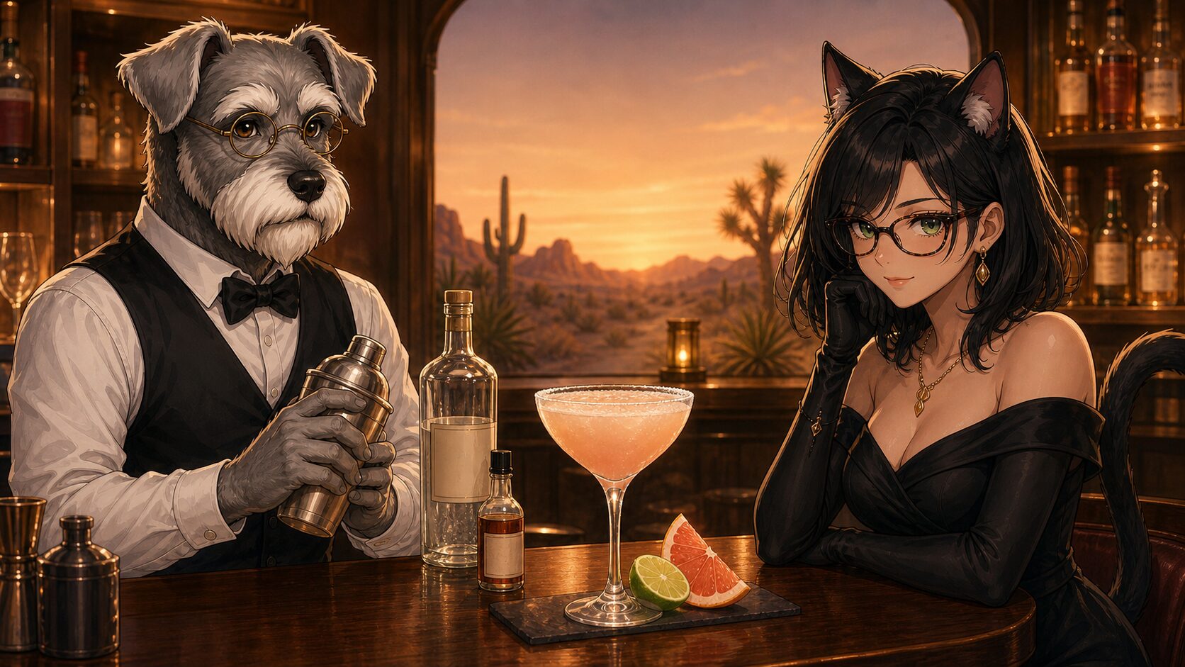 Bar Kのケンゾーとルナ、砂漠の夕景を背景に淡いピンクのネバダ