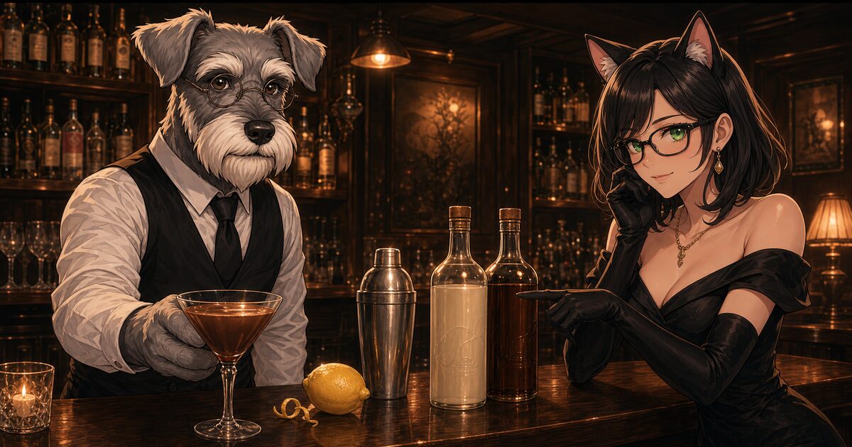 Bar Kのカウンターで犬のバーテンダー・ケンゾーがチョコレート色のニノチカを差し出し、猫の常連客ルナがホワイトとブラウンのカカオの違いを示す紹介イメージ