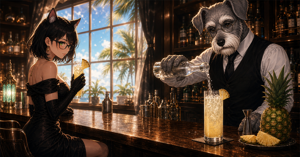 夏の窓辺が見えるBar Kで犬のバーテンダー・ケンゾーが淡い黄色のパイナップル・フィズへソーダを注ぎ、猫の常連客ルナがグラスを手に見守るSNS用紹介イメージ