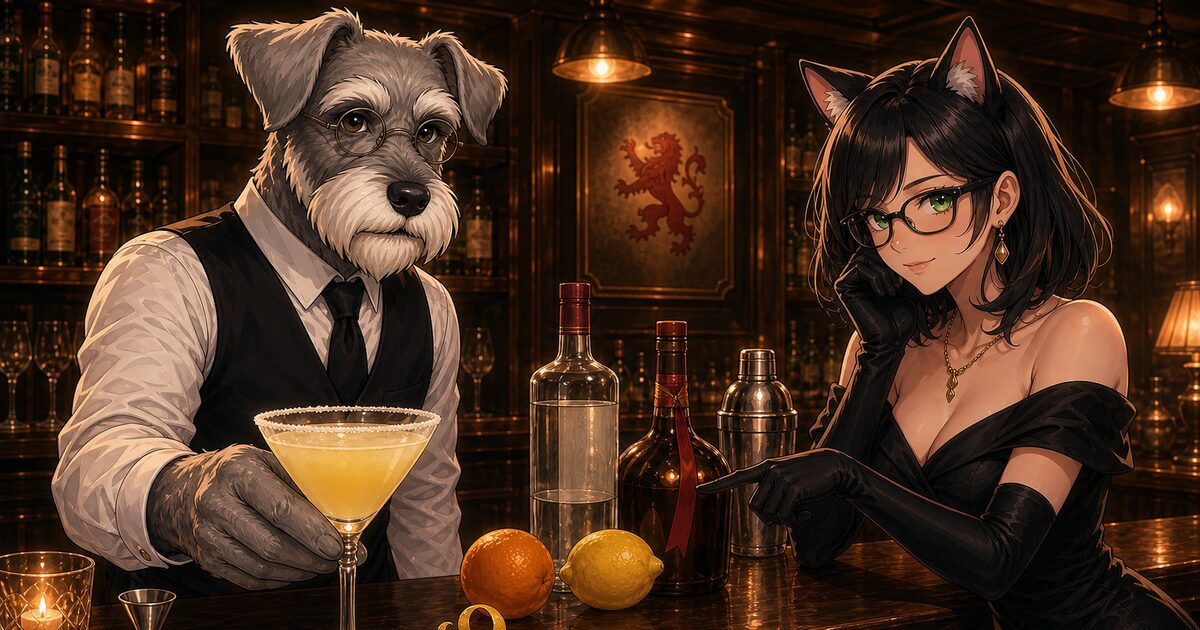 Bar Kのカウンターで犬のバーテンダー・ケンゾーが砂糖リムの黄色いレッド・ライオンを差し出し、猫の常連客ルナが見守る紹介イメージ。赤いライオンの紋章とドライ・ジン、グラン・マルニエ風のボトル