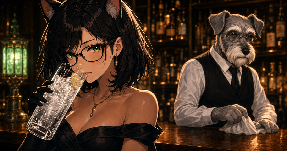 Bar Kのカウンターで猫の常連客ルナが氷と泡の立つ透明な翠ジンソーダを口元へ傾け、右奥で犬のバーテンダー・ケンゾーが見守るSNS用紹介イメージ。柚子を添えた透明なロングカクテル