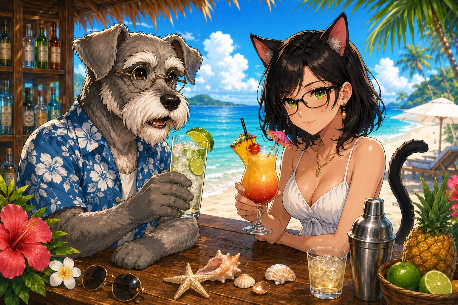 夏のビーチのBar Kで、アロハシャツのバーテンダー・ケンゾーと白い夏服の常連客ルナがトロピカルカクテルを楽しむイラスト