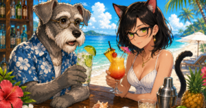 夏のビーチのBar Kでケンゾーとルナが清涼系カクテルを楽しむ夏カクテル特集のイメージ