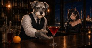 Bar Kのカウンターで、犬のバーテンダー・ケンゾーが澄んだ赤色のヨコハマを差し出し、猫の常連客ルナが見守る夜のイメージ。窓の外に横浜港の灯りと客船