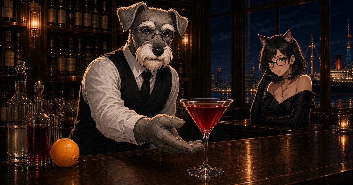 Bar Kのカウンターで、犬のバーテンダー・ケンゾーが澄んだ赤色のヨコハマを差し出し、猫の常連客ルナが見守る夜のイメージ。窓の外に横浜港の灯りと客船