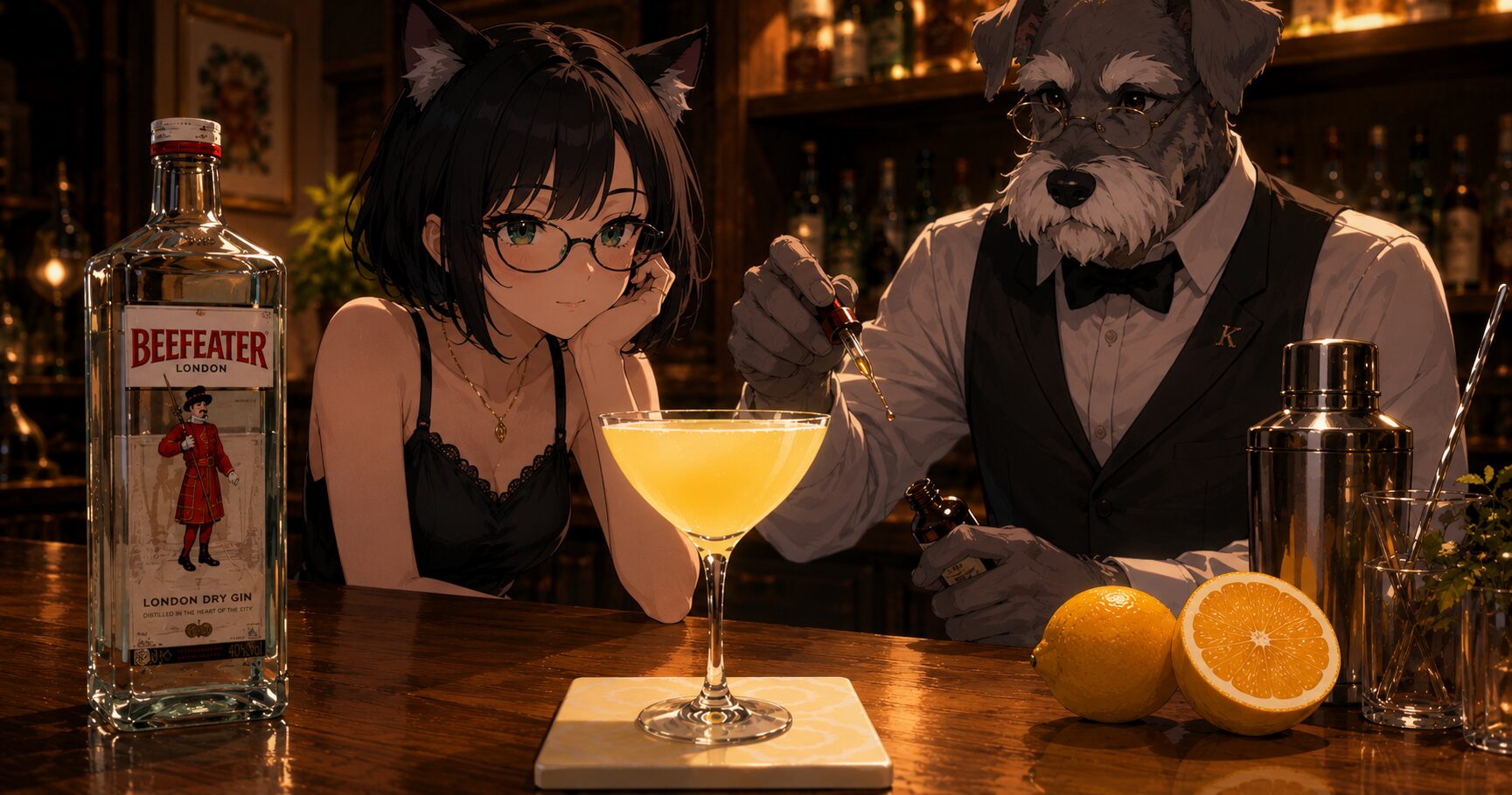 アベイを見つめるルナと、仕上げるケンゾーのBar Kカウンターのイラスト