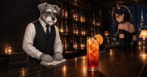 ケンゾーとルナが見守るカンパリオレンジのイメージ。カンパリにオレンジジュースを合わせたロングカクテル