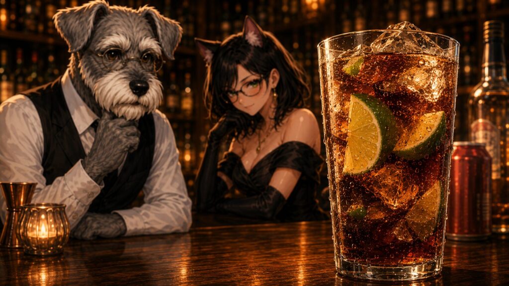 キューバ・リバーのグラスとBar Kのケンゾー、ルナを描いたSNS用ビジュアル