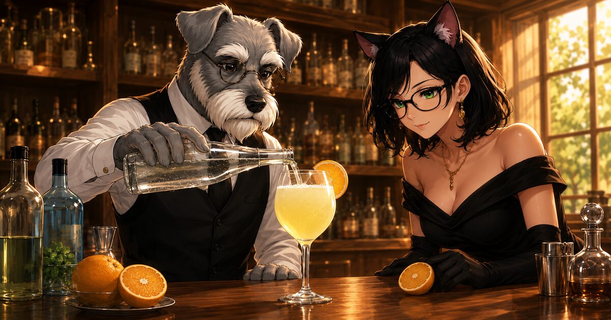 ソーダを注ぐケンゾーと、オレンジを見つめるルナのBar Kカウンターのイラスト