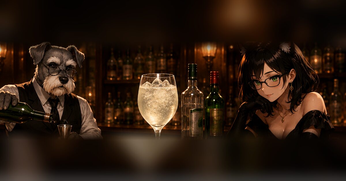 ケンゾーがベルモットを注ぐオアシス・クーラーを、ルナが見つめるBar Kのカウンター