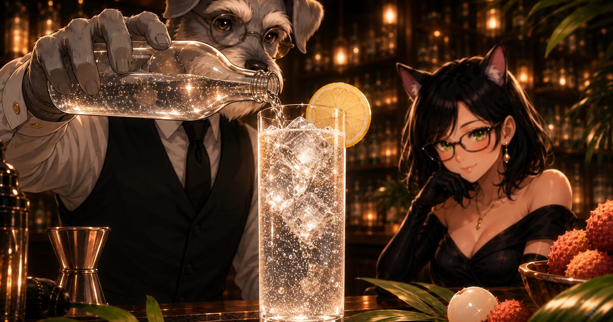 ケンゾーがトニックを注ぐパライソ・トニックを、ルナが見つめるBar Kのカウンター