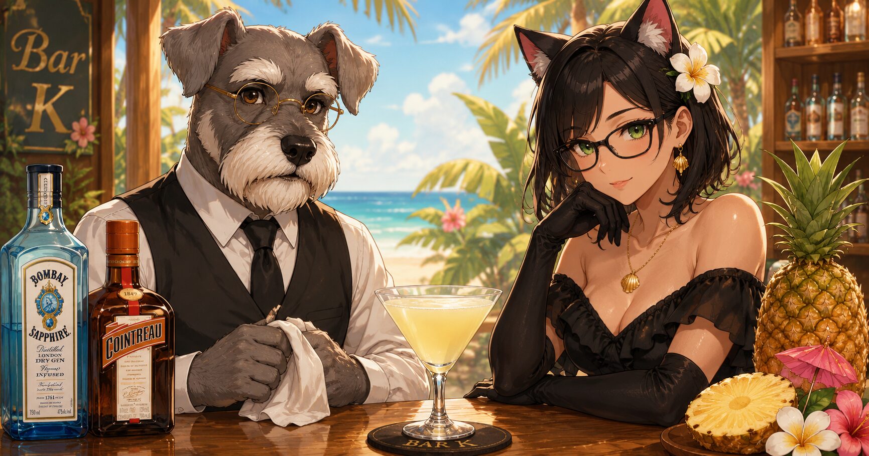 ケンゾーとルナがワイキキビーチを背景に見守るワイキキ・ビーチコーマーのイメージ。ボンベイ・サファイアとコアントローを使ったトロピカルなカクテル