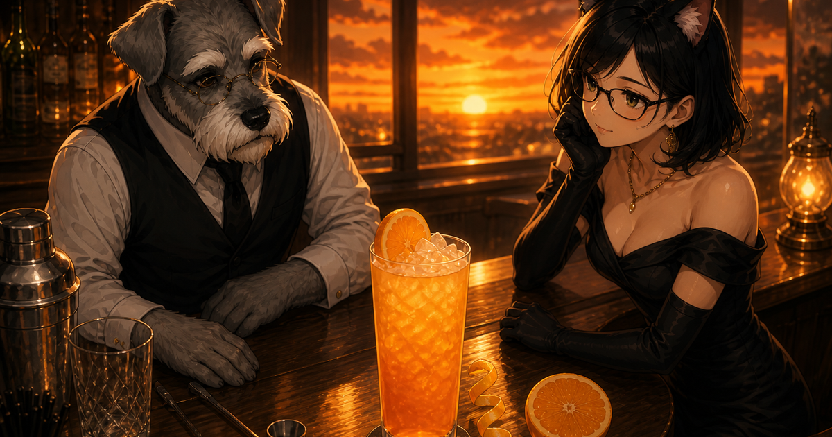 夕暮れの窓辺でオレンジ色のシャンギロンゴを眺めるケンゾーとルナ