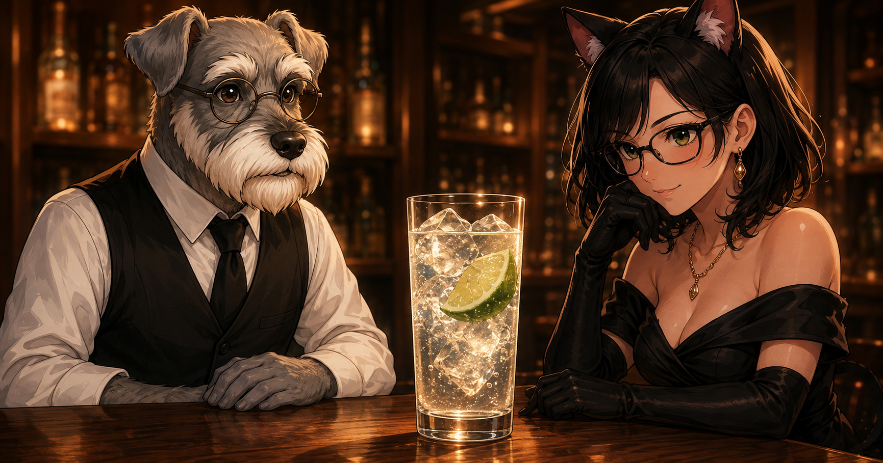 ジン・トニックを見守るケンゾーとルナ（Bar K）