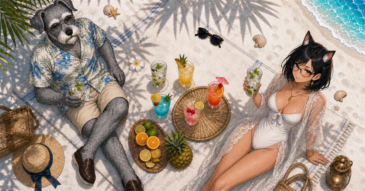夏のピクニックフラットレイで清涼系カクテル6杯を並べたBar K夏カクテル特集Vol.2のイメージ
