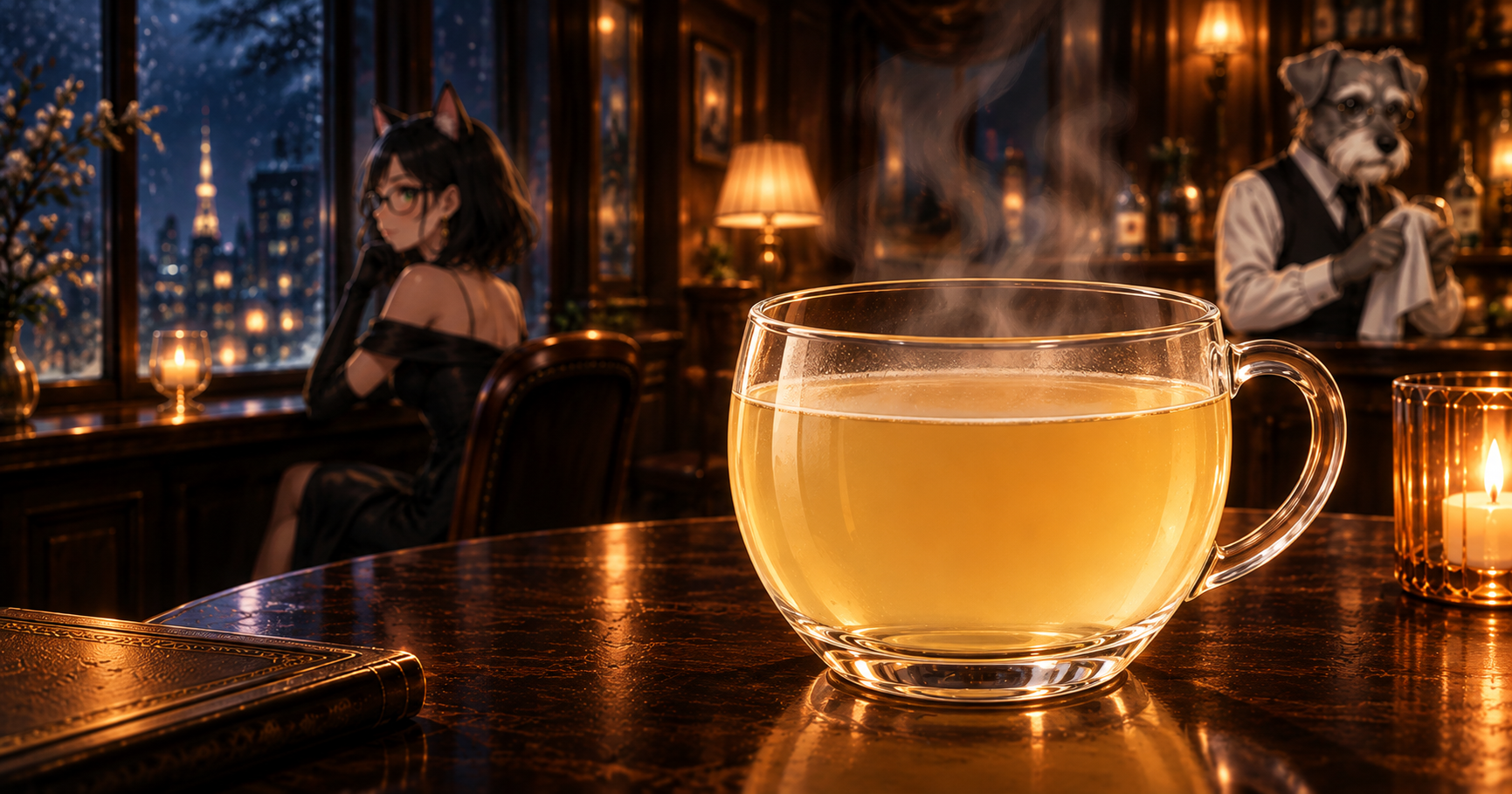 湯気の立つ淡い蜂蜜色のコニャックレモネード。背景にケンゾーとルナがいる。