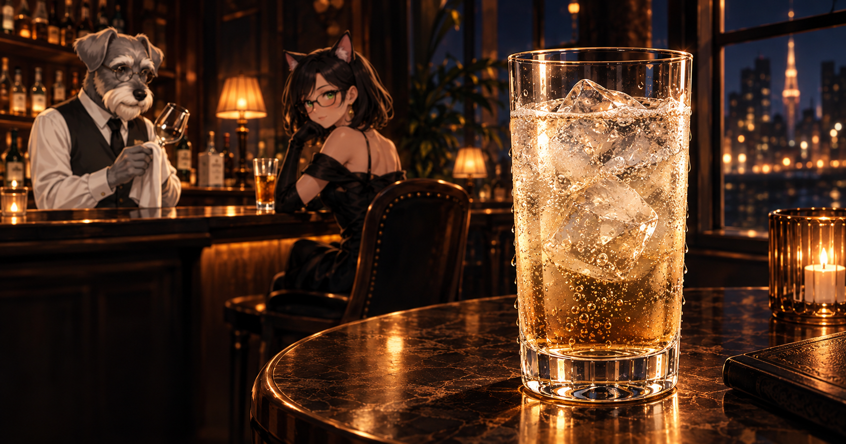 夜のバーで氷と炭酸の泡が輝くフレンチ・ハイボール。背景にケンゾーとルナがいる。