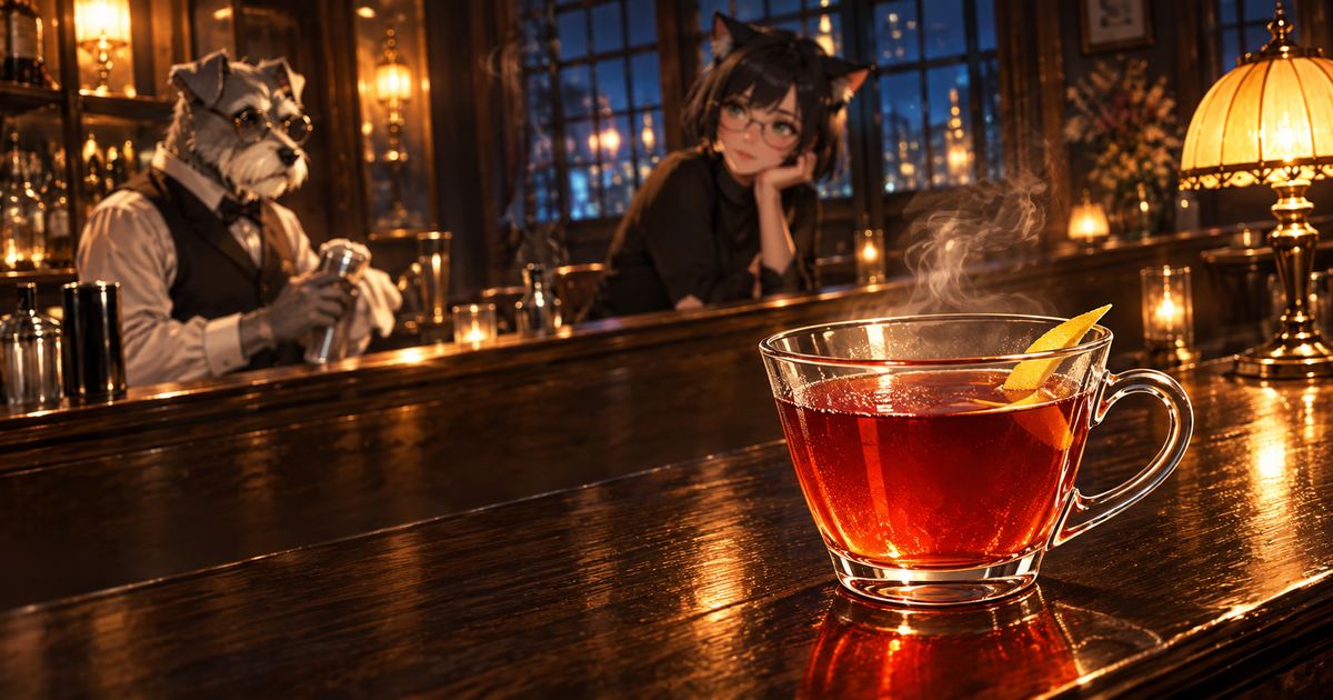 夜のBar Kで供される赤いホット・カンパリとケンゾー、ルナ