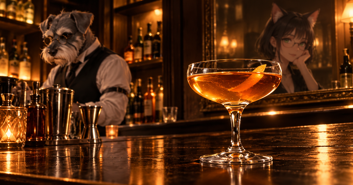琥珀色のマジック・トレースを前景に、ケンゾーとルナがいるBar Kの夜のカウンター
