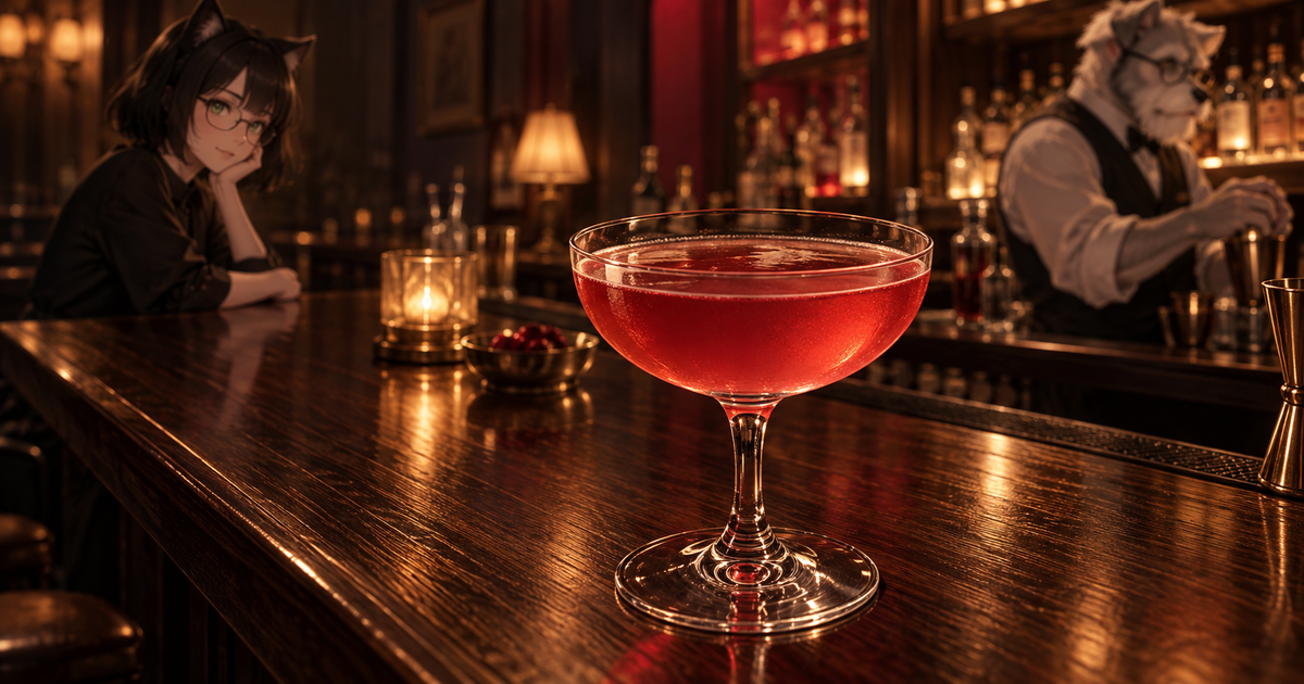 赤いクエーカーズを前景に、ケンゾーとルナがいるBar Kの夜のカウンター