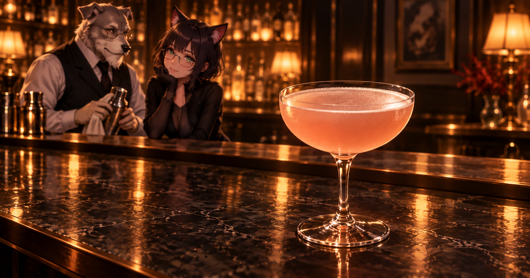 淡いピンクのショートカクテルを前景に、ケンゾーとルナがいるBar Kの夜のカウンター