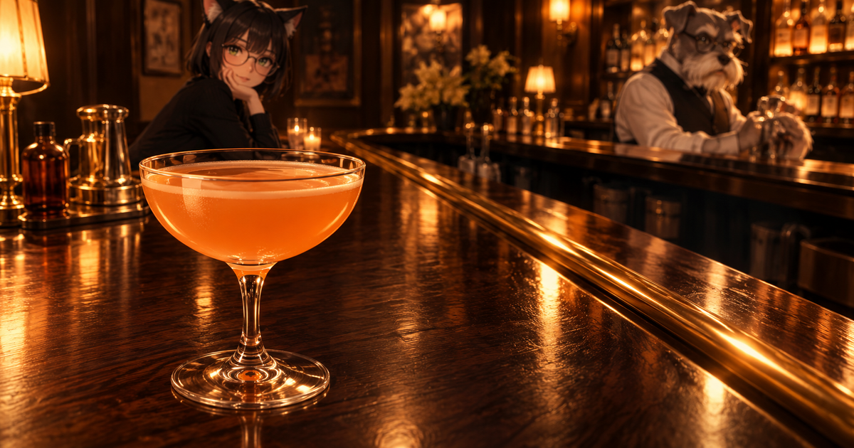 サードレールを前景に、ケンゾーとルナがいるBar Kの夜のカウンター