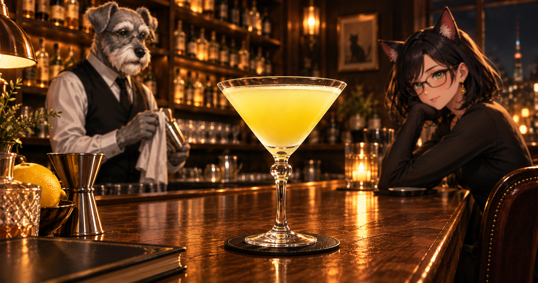 夜のBar Kで中央に置かれた黄色のイエロー・レディと、背景のケンゾー、ルナ